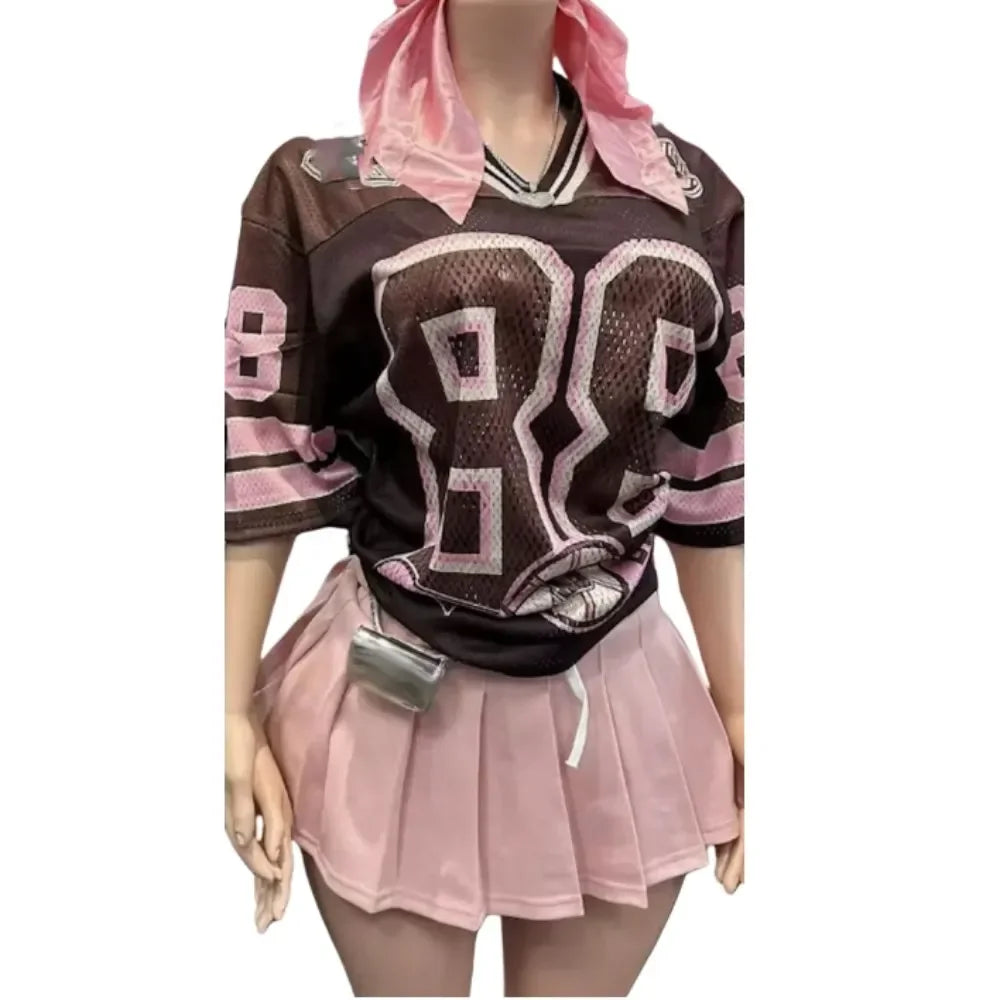 HLJ&GG Pink A-line Pleated Skirts Fashion Two Piece Sets Women Letter V Neck Short Sleeve Loose Tshirt And Mini Skirts Outfits