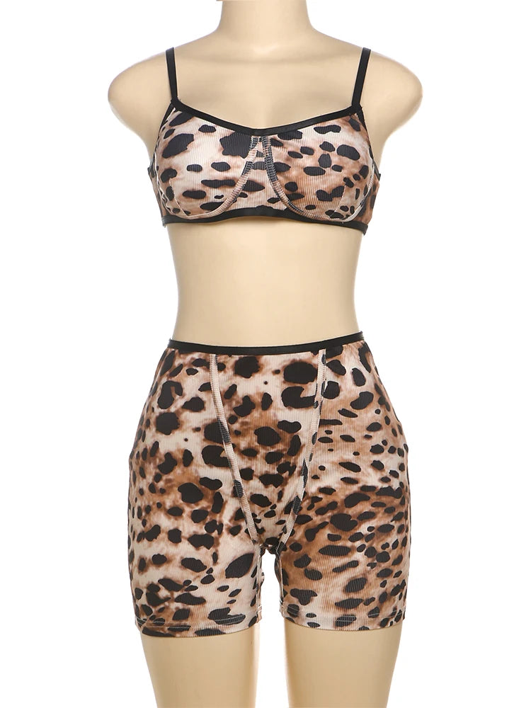 Weird Puss Tracksuit Women 2Piece Set Leopard Print Sexy Sporty Low-Neck Tank Tops+Bike Shorts Stretch Tight Matching Streetwear