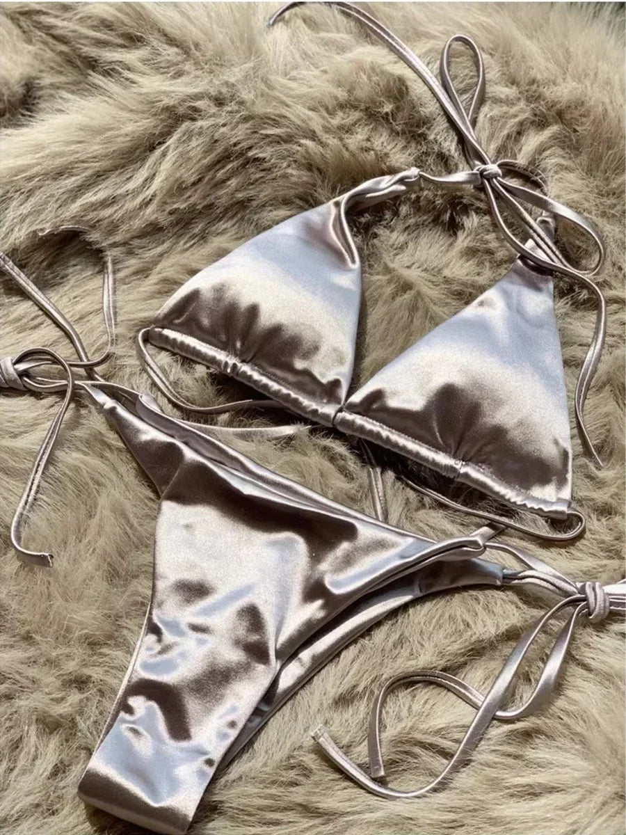 Halter Brazilian Metallic Satin Bikini Swimwear, Swimsuit Two-pieces Bikini Set High Cut Bathing Suit Swim Beachwear