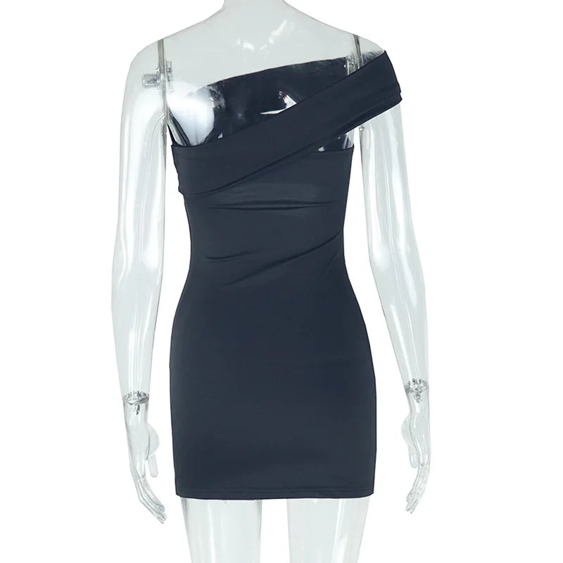 Weird Puss Irregular Hollow Dress Women Ruched Diagonal Collar Sleeveless Midnight Trend Skinny Backless Coquettish Mini Bodycon