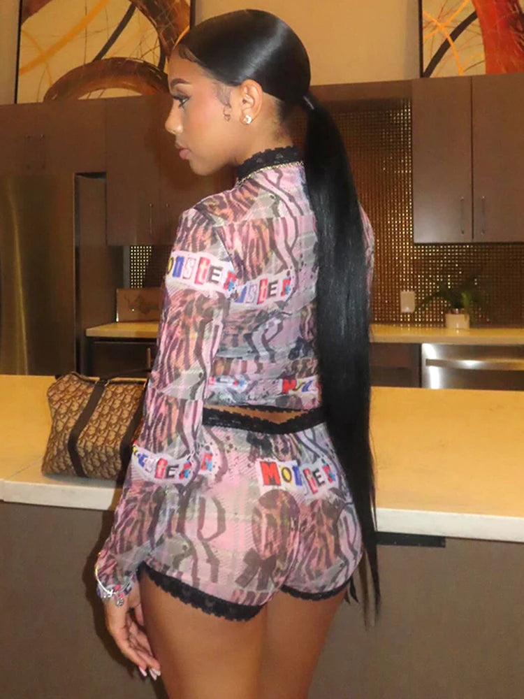 Weird Puss See Through Women 2 Piece Set Sexy Black-Edged Lace Sexy Full Sleeve Crop Tops+Shorts Matching Club Stretch Outfits