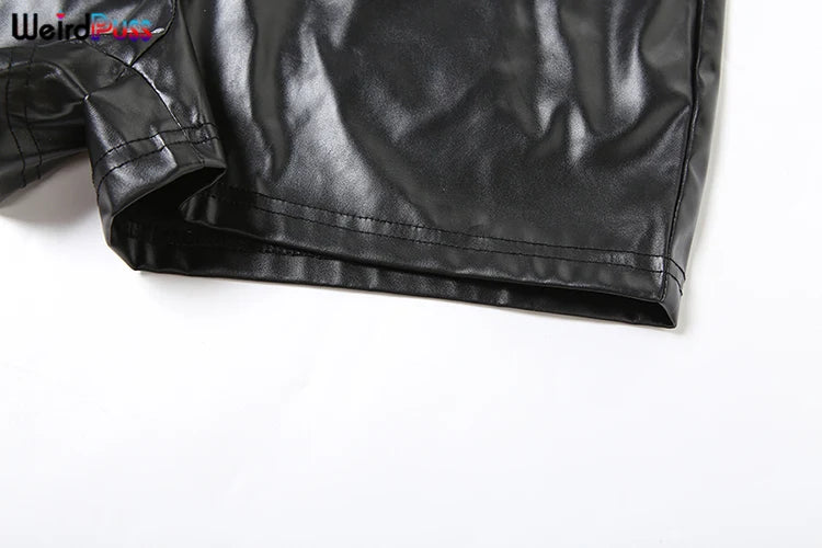 Weird Puss PU Hipster Leather 2 Piece Set Women Fall Trend v-Neck Cross Sash Sexy Crop Tops+Shorts Matching Streetwear Outfits