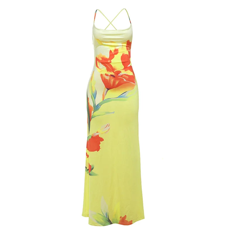 Weird Puss Floral Print Sexy Lace-Up Backless Dress Women Ruched Swing Collar Sleeveless Robe Vacation Trend Beach Party Outfits