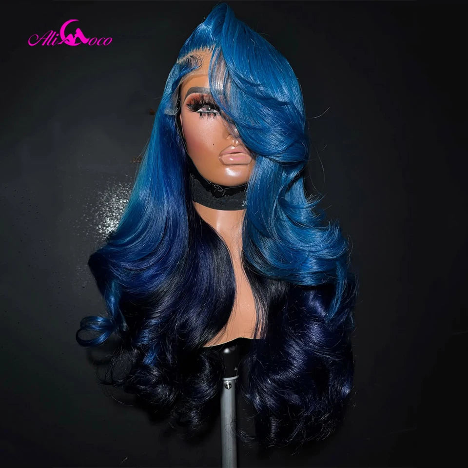 Ombre Dark Blue Body Wave Human Hair Wigs 13x6 13x4 Lace Frontal Wig Pre Plucked 7x5 Glueless Wig 180 Density For Women