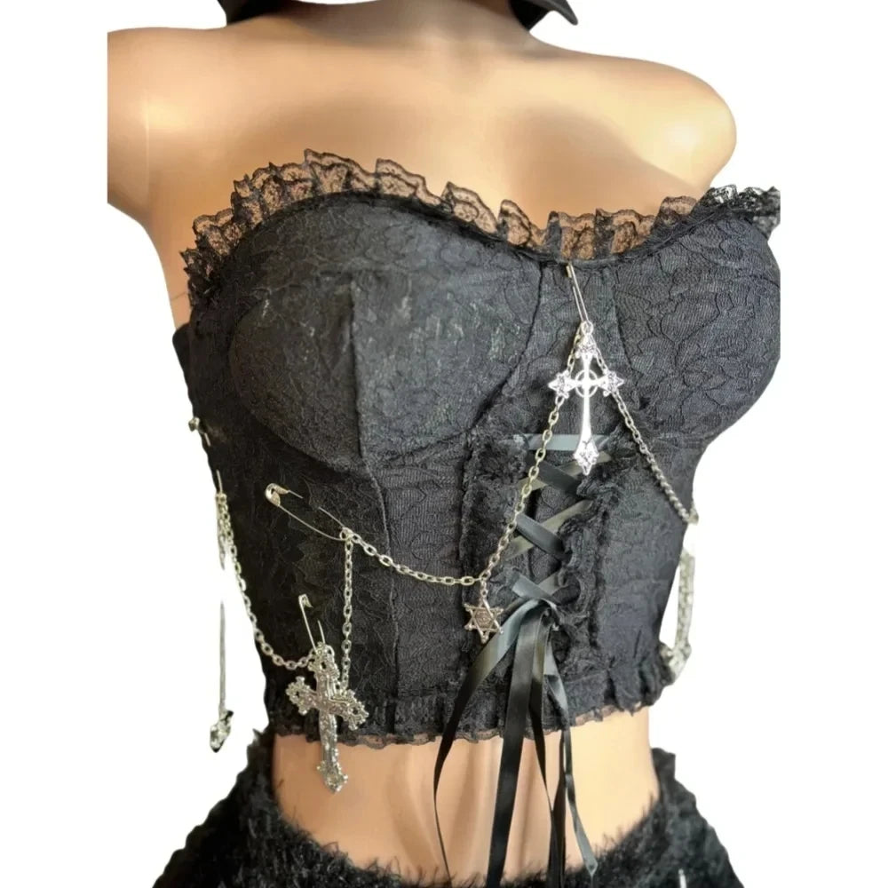 HLJ&GG Black Sexy Y2K Punk Tassels Two Piece Sets Women Chain Lace Up Slim Tube And Fur Mini Skirts Outfits Fashion Streetwear