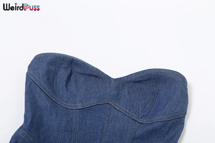 Weird Puss Fake jeans Strapless Sexy Dress Women Summer Trend Skinny Hipster Fashion Concert Birthday Party Clubwear Y2K Bodycon