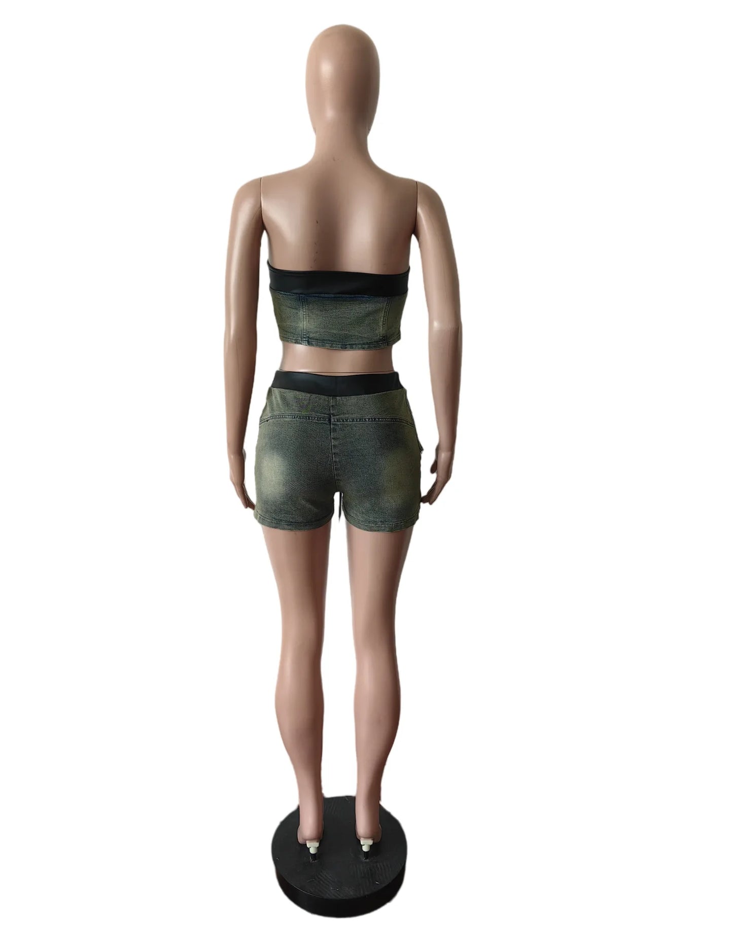 Weird Puss jeans Summer 2 Piece Set Women Leather Edging Vintage Y2K Shirring Strapless Tops+Shorts Hipster Summer Matching Suit