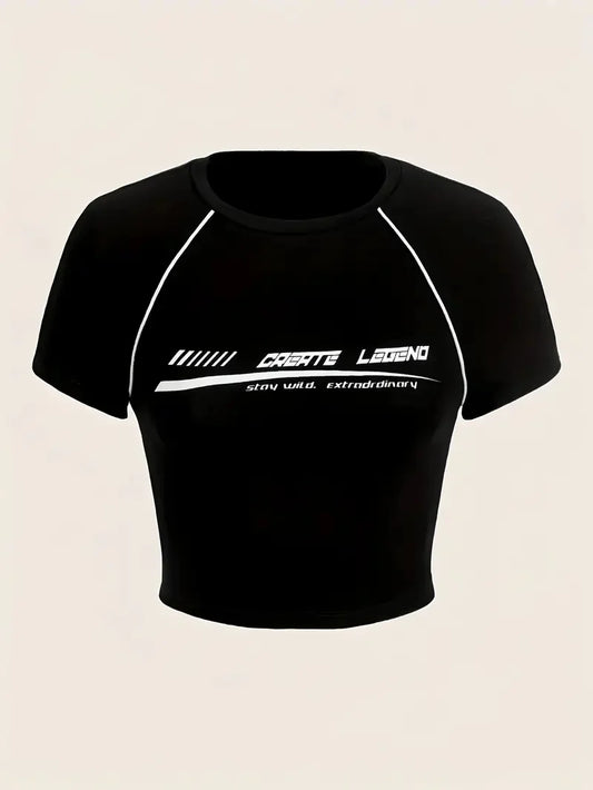 Monogram print crewneck crop top T-shirt, spring/summer casual short-sleeved top, women's