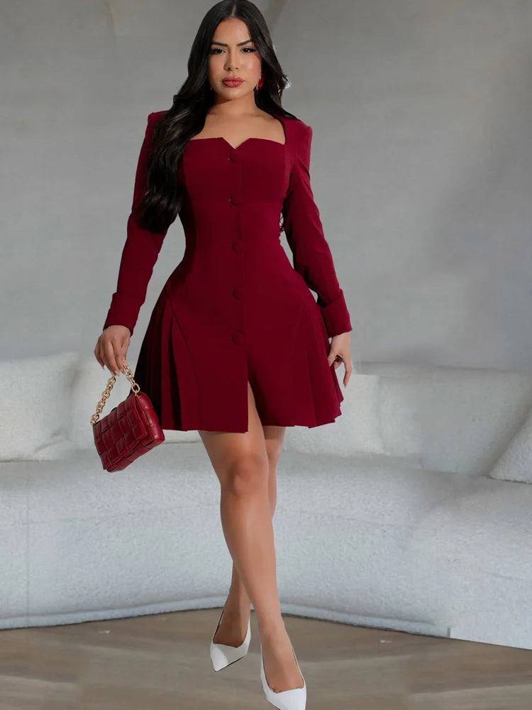 Kricesseen Elegant Pink Button Details Pleated Blazer Dress For Women Chic Ruched Long Sleeve Bodycon Office Work Dress Vestidos