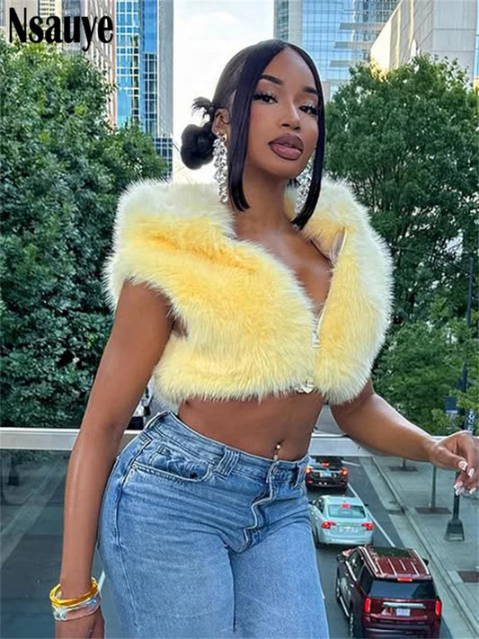 Nsauye Fashion Faux Fur Women Sleeveless Hooded Jackets 2025 Autumn Winter Warm Cardigan Tops Streetwear Slim Outerwear Coat
