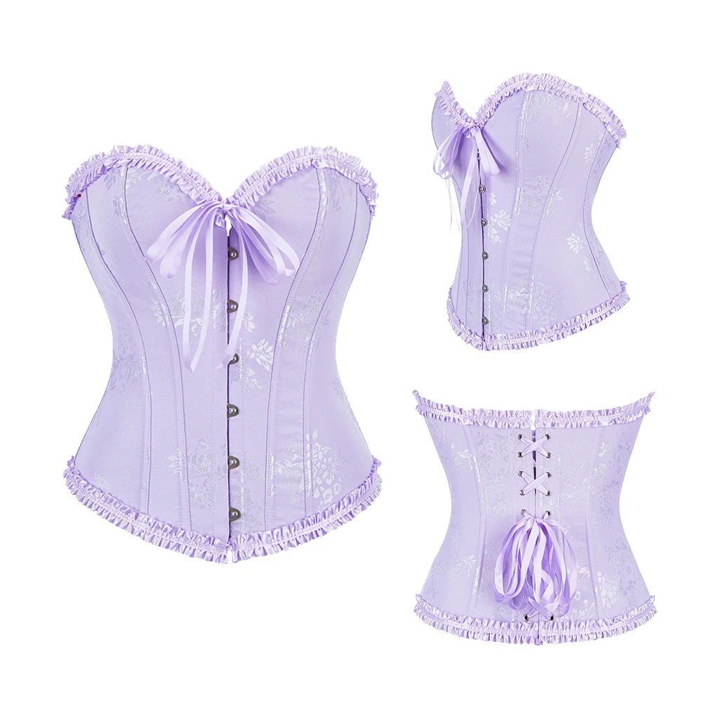 Women Floral Overbust Corset Waist Bustier Top Black White Red Blue Korset Shaper