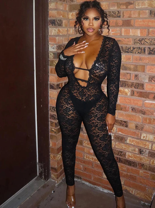 Weird Puss Sexy Jacquard Jumpsuit Women Sexy Mesh Patchwork Low-Neck Hollow Full Sleeve Skinny Midnight Party Clubwear Overalls