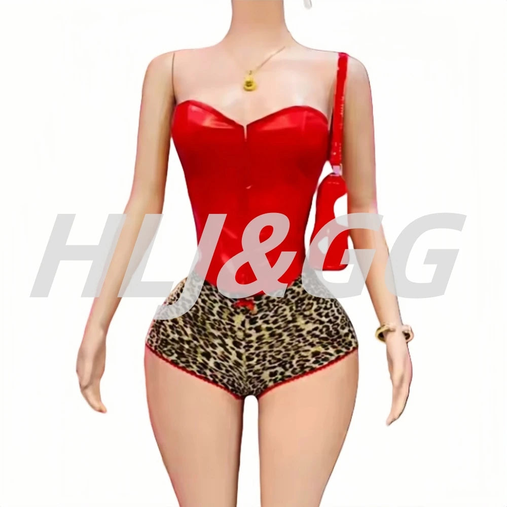 HLJ&GG Sexy Glossy Leather Corset Two Piece Sets Women Off Shoulder Slim Crop Top+Leopard Shorts Outfits Fashion Y2K Streetwear