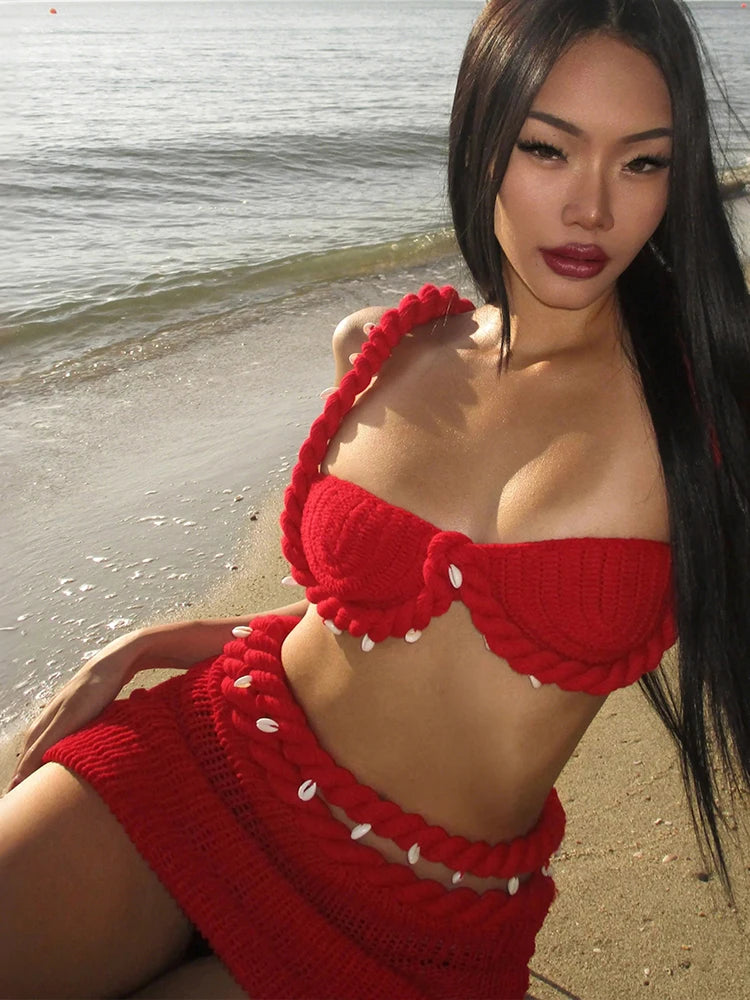 Weird Puss Crochet Applique Patchwork 2 Piece Set Women Sexy Backless Crop Tops+Bandage Hollow Skirts Vacation Beach Party Suits
