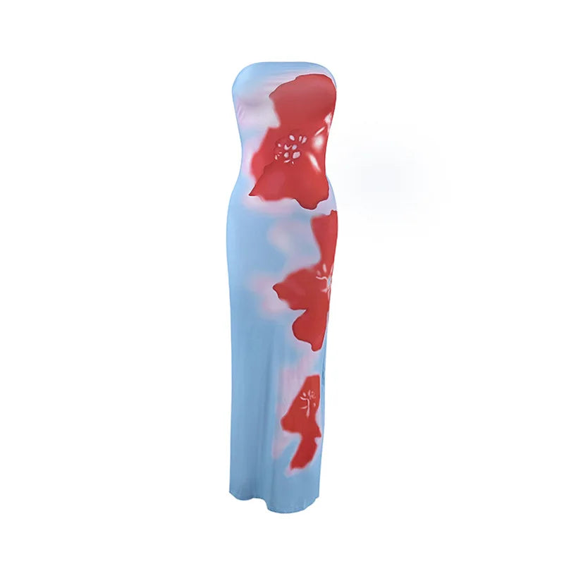 Sexy Slim Big Flower Print Maxi Dress Woman Bodycon Split Vintage Vacation Beach Y2K Summer Party Cheap Clothes Women Dresses