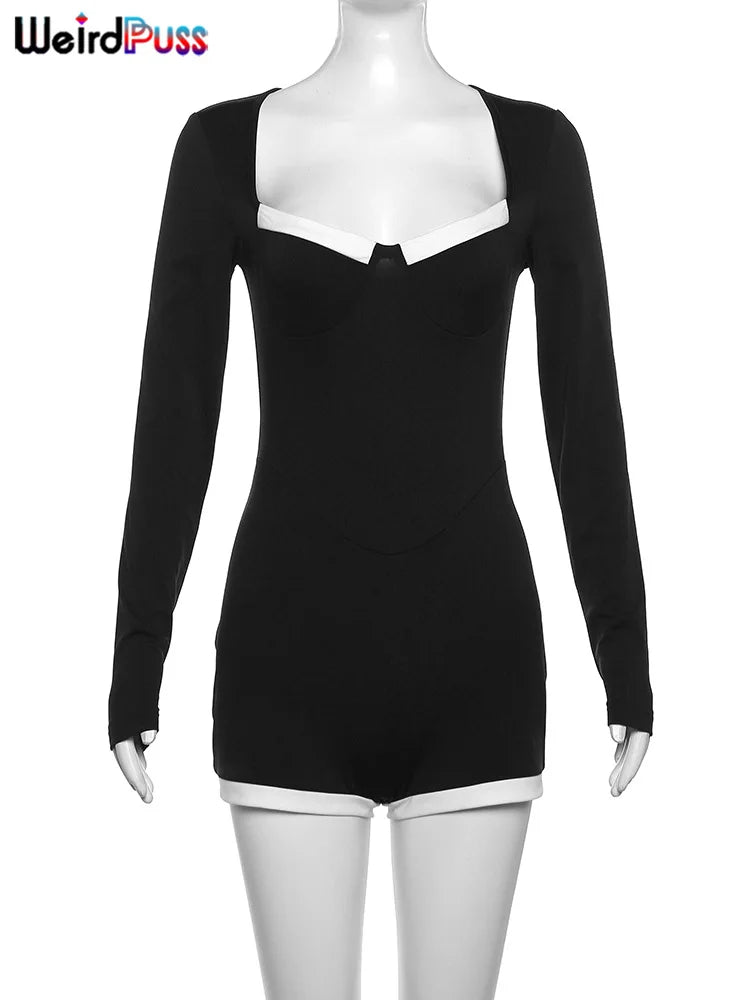 Weird Puss Square Collar Playsuit Women Fall Chic Patchwork Long Sleeve Skinny Stretch Long Sleeve Romper Streetwear Overalls