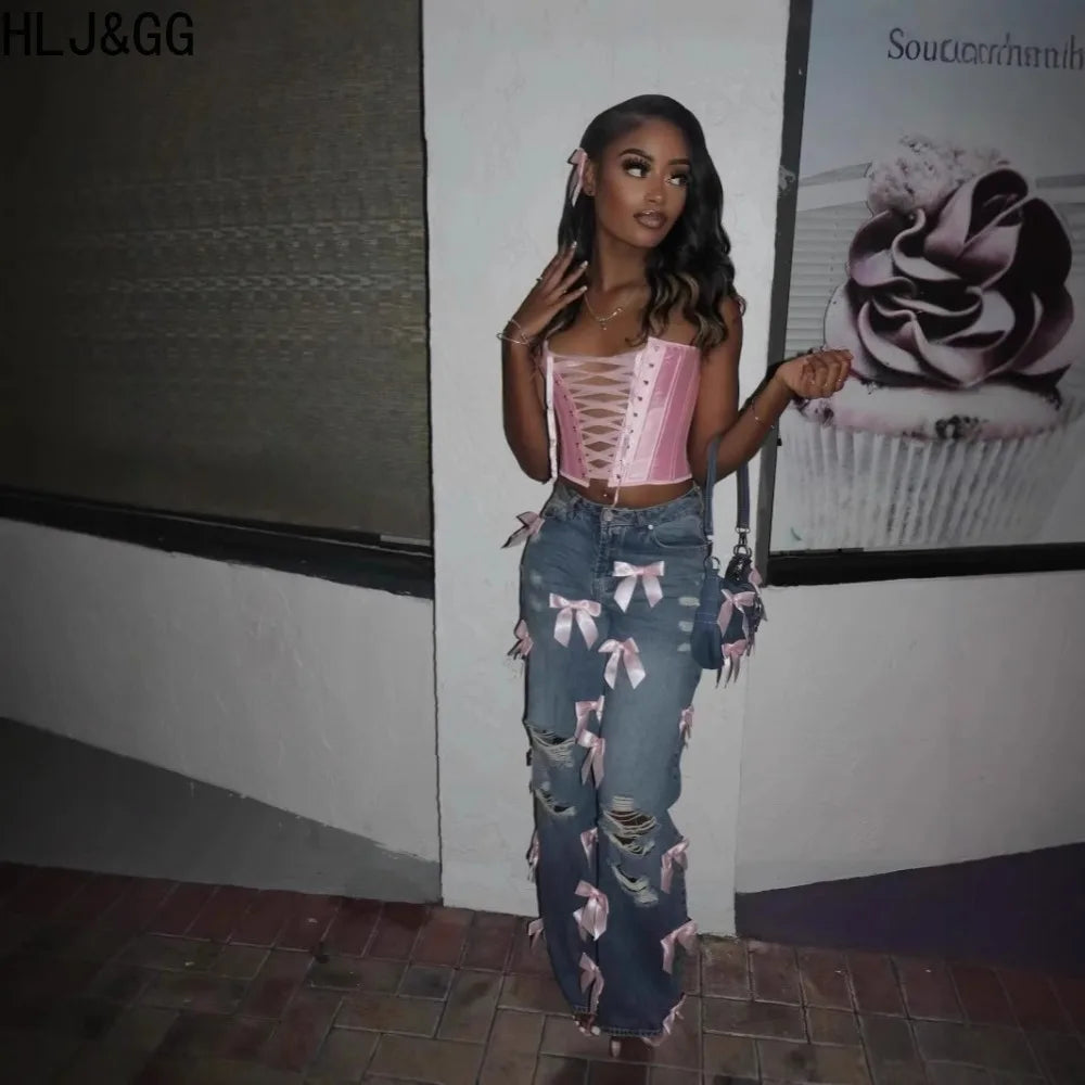 HLJ&GG Y2K Fashion Bow Sweet Straight Jeans Pants Women High Waisted Button Pocket, Hot Girl Streetwear Bottoms 2025