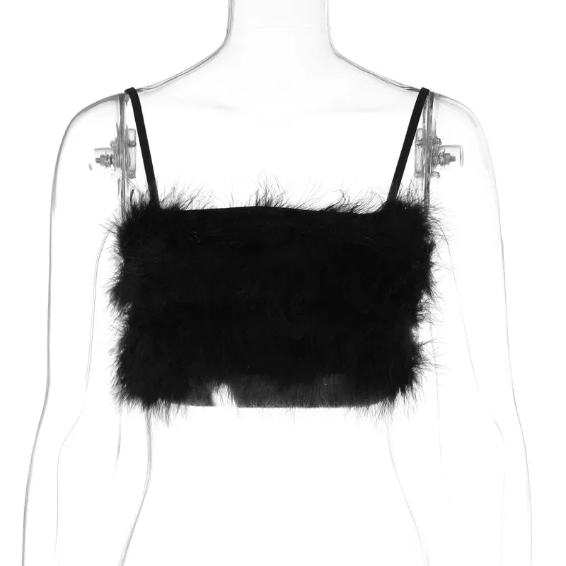 HLJ&GG Sweet Fur Tank Top Fashion Two Piece Set For Women Thin Strap Sleeveless Backless Slim Vest And Mini Puffy Skirt Outfits