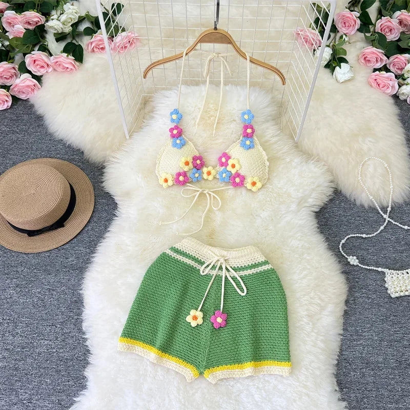 HLJ&GG Sweet Pastoral Fashion Knitting Little Flower Hollow Two Piece Sets Women Halter Lace Up Backless Bra And Shorts Outfits