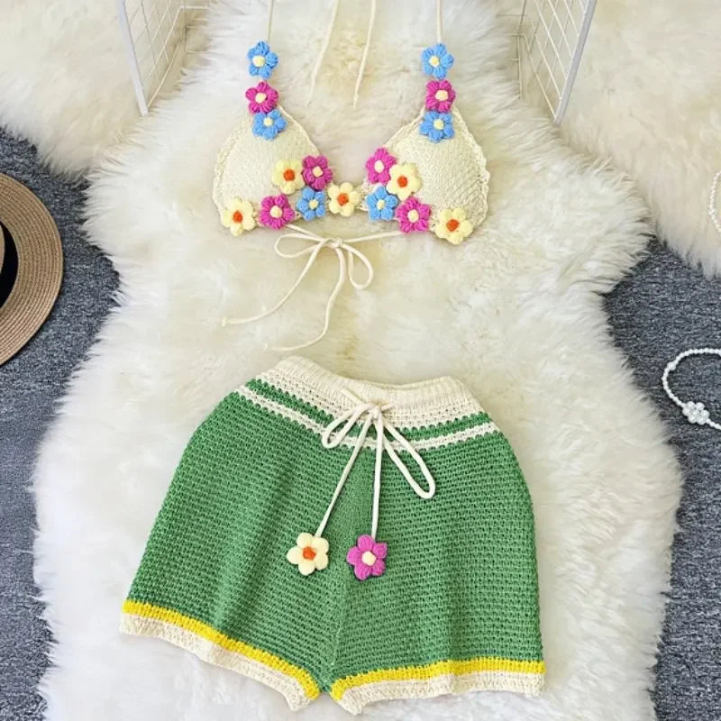 HLJ&GG Sweet Pastoral Fashion Knitting Little Flower Hollow Two Piece Sets Women Halter Lace Up Backless Bra And Shorts Outfits