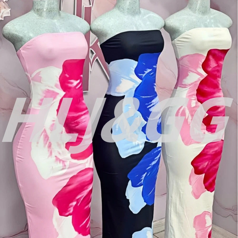 HLJ&GG Sexy Flowers Printing Bodycon Maxi Dresses Women Off Shoulder Sleeveless Backless Slim Vestidos Fashion Streetwear 2025
