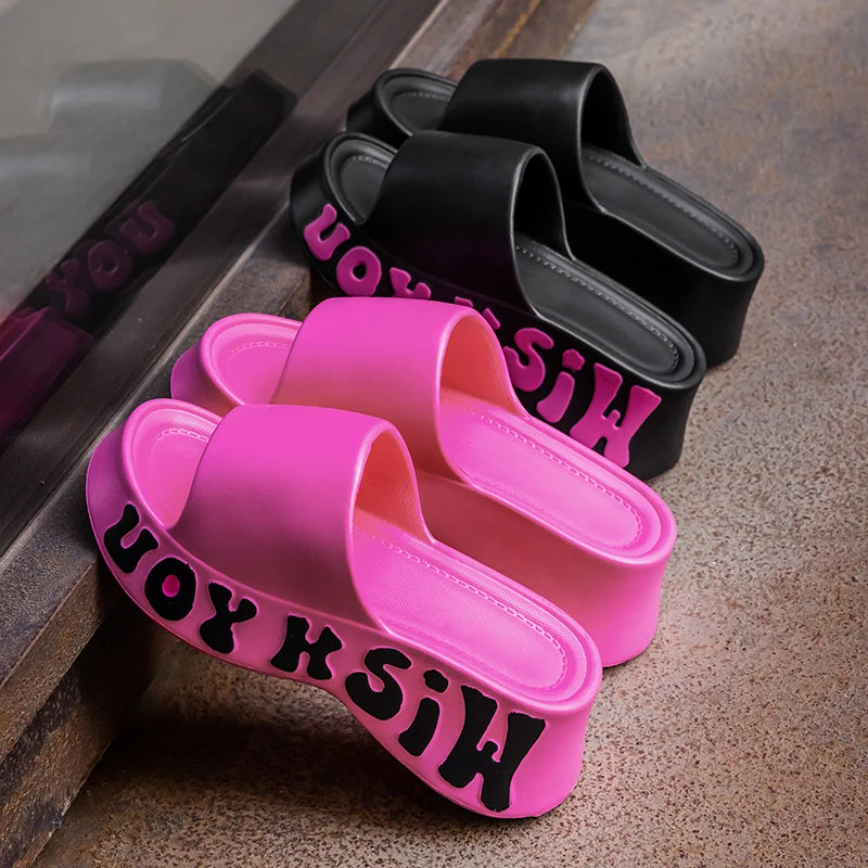 Summer Letter Printed Wedge Slippers Women Fashion Chunky Platform Sandals Woman Outdoor Non Slip Cloud Slides Shoes Female
