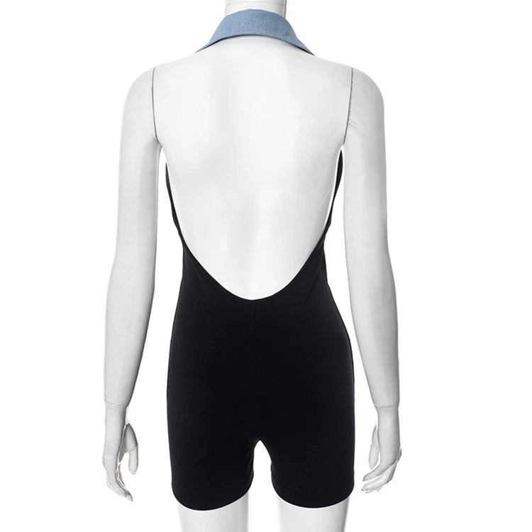 STYLISH LADY Contrast Color Playsuits 2025 Summer Women Turn Down Collar Backless Bodycon Sexy Club Party Street Rompers