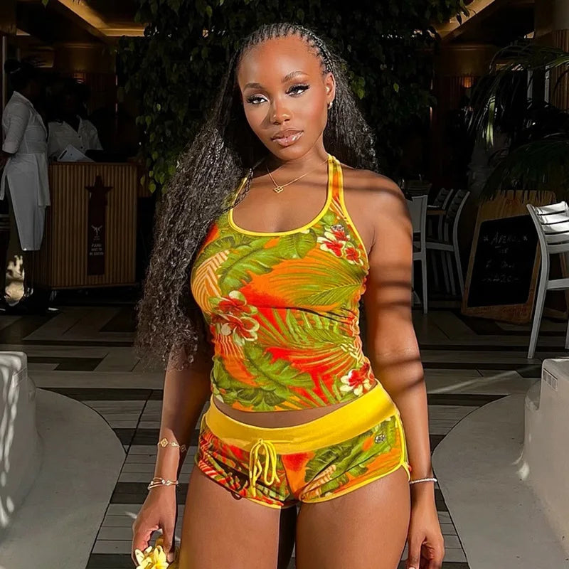 STYLISH LADY Comtrast Color Printed 2 Piece Set Women Halter Backless Crop Top and Drawstring Shorts Suits 2025 Street Outfits