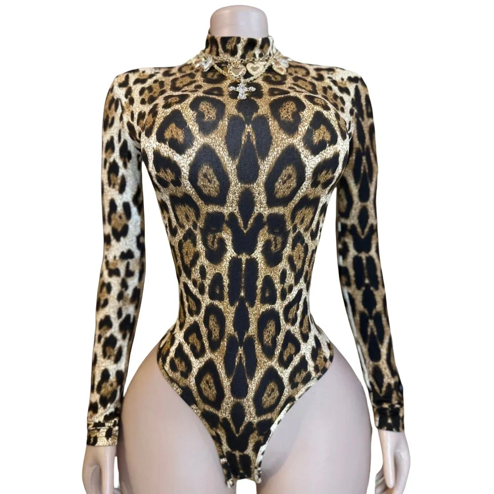HLJ&GG Sexy Leopard Bodycon Bodysuits Women Turtleneck Long Sleeve Slim Romper Spring New Fashion One Piece Jumpsuit Clubwear