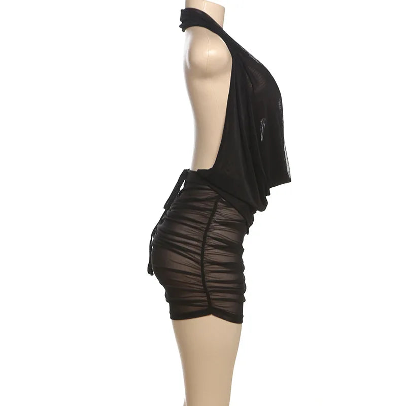 HLJ&GG Sexy Ruched Halter Deep V Mini Skirts Two Piece Sets Women Sleeveless Backless Lace Up Crop Top+Skirts Outfits Streetwear