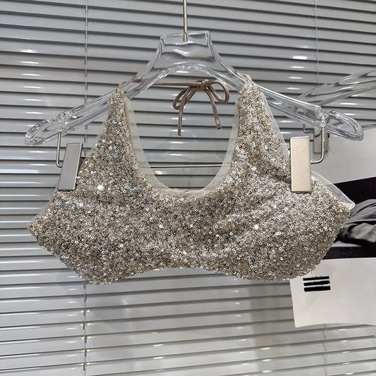 DEAT 2026 Spring New Trendy Fashion Sequin Two-pieces Set For Women Halter Chest Pad Camisole Low Waist Shorts Female 11A08392