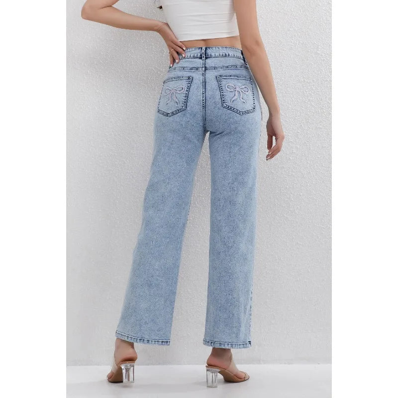 Ladies Light Blue High Waisted Jeans Straight Leg Design Classic Daily Wear Fashionable