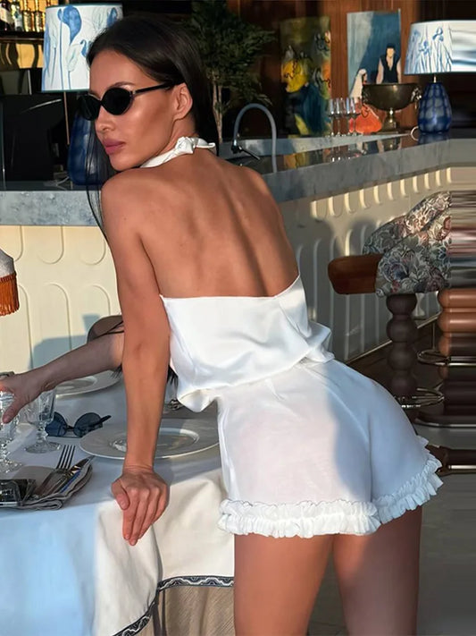 Solid Shorts Two Piece Set Halter Cowl Neck Sleeveless Backless Off Shoulder Top Ruffle Bottoms 2026 Summer Fashion Chic Outfits