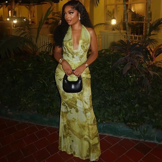 STYLISH LADY Floral Printed Backless Dress 2025 Summer Women Sleeveless Halter Bodycon Sexy Club Party Long Maxi Dresses