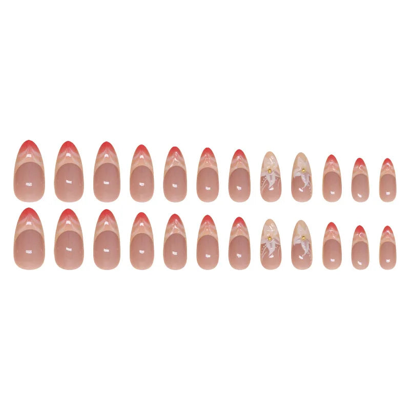 24pcs 3D Pink Flower Design Fake Nails Ins Gradient Pink Sweet False Nail Detachable French Almond Press on Nails for Women Girl