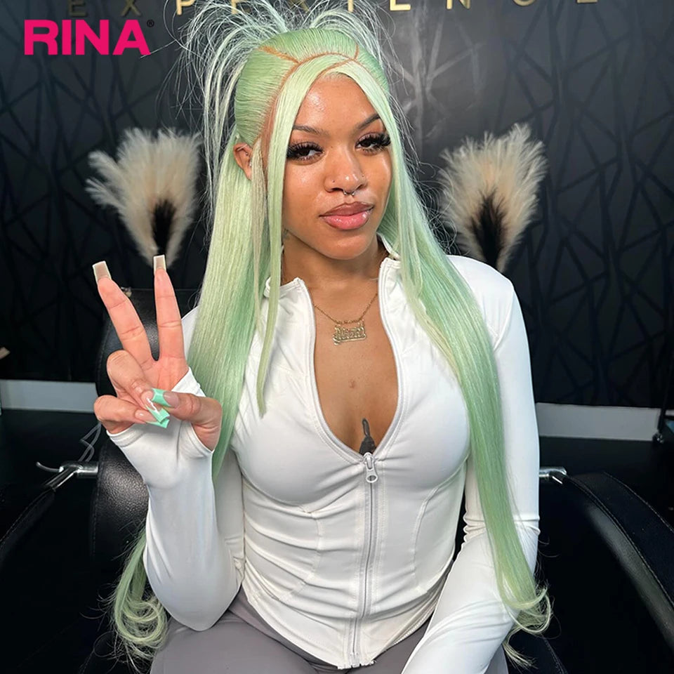 Light Mint Green Straight 13x6 Frontal Human Wig Pre Plucked 613 Colored Bone Straight Transparent 13x4 Lace Front Wig for Women