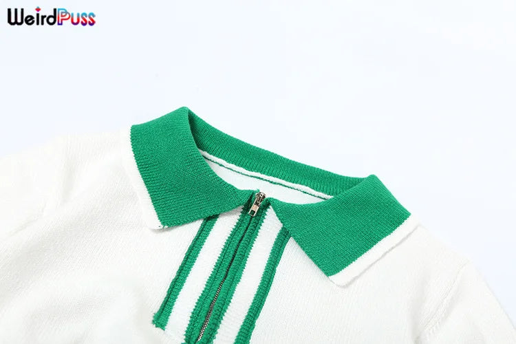 Weird Puss Knit Women 2 Piece Set 2024 Summer Trend Casual Polo Neck Short Sleeve Crop Tops+Skirts Matching Streetwear Outfits