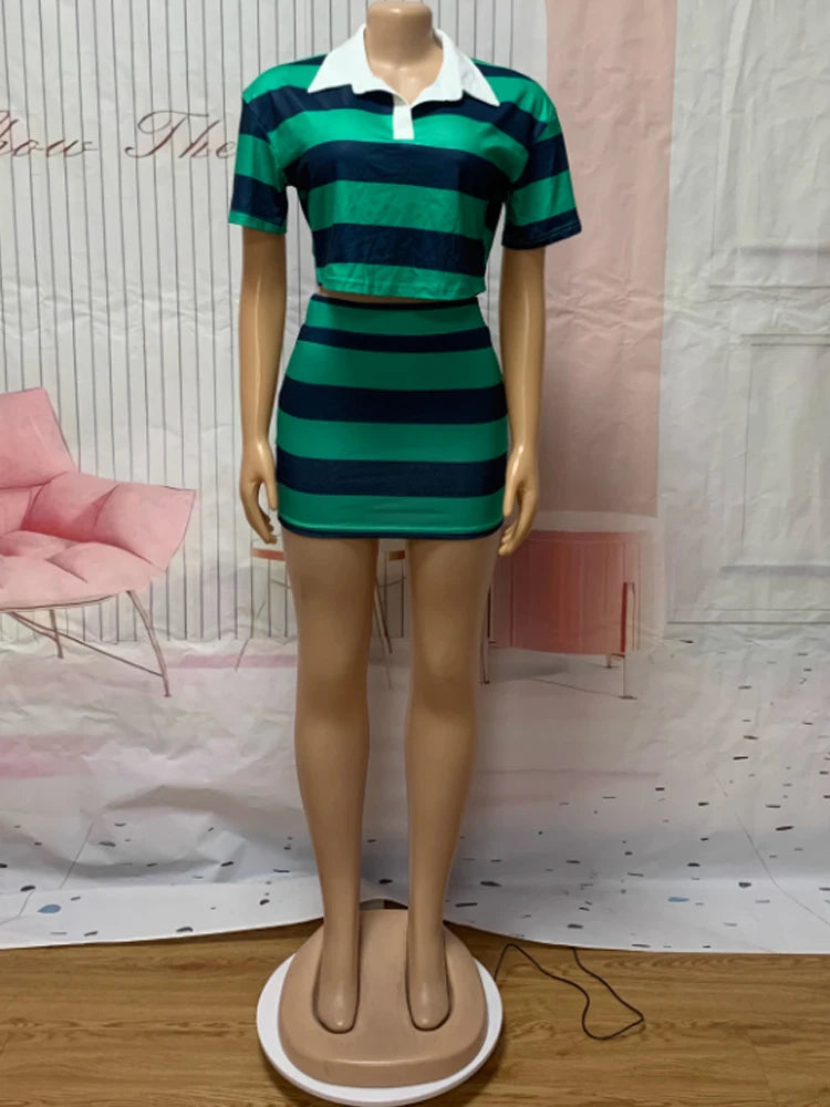 Kricesseen Women's Striped Skirt Set Two-Piece, Girls Short Sleeve Shirt Top And Matching skirt Set Sporty Overalls Active Wear