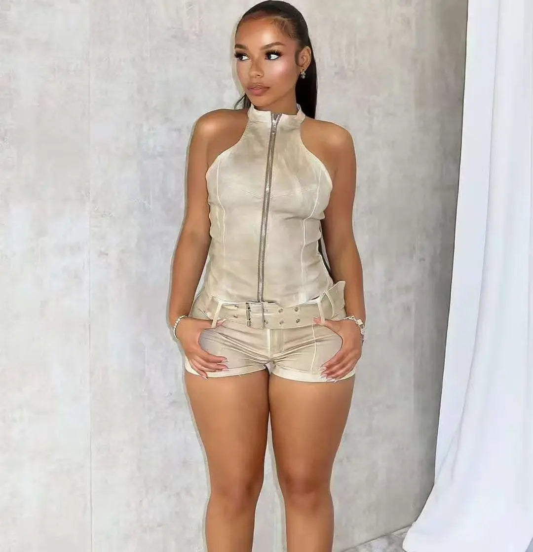 HLJ&GG Sexy Bodycon Woman 2 Piece Set Outfit Halter Sleeveless Backless Crop Tops + Shorts Matching Suits Female Streetwear New