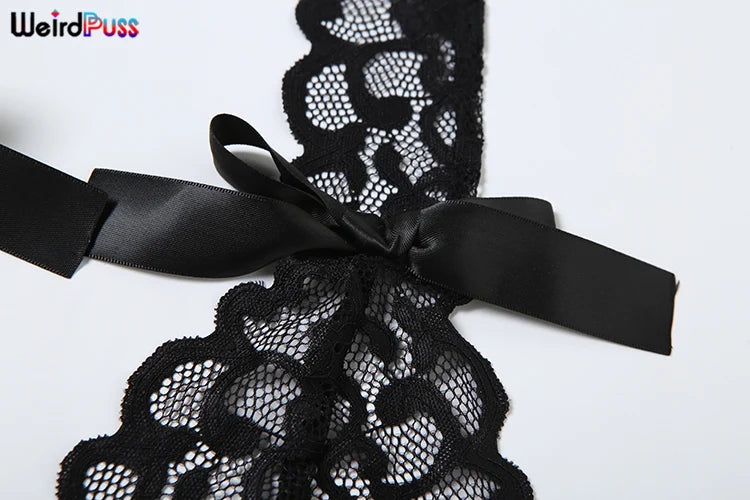 Weird Puss Mesh Sexy Bow 2 Piece Set Summer Women Halter Backless Lace Tank Tops+Shorts Matching Clubwear Coquette Hipster Suits
