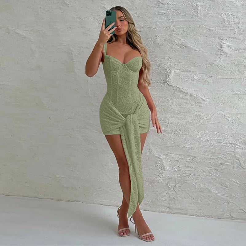 Weird Puss Summer Elegant Dress Women Y2K Chic Low-Neck Jacquard Wrapped Ribbon Bandage Birthday Party Clubwear Midnight Bodycon