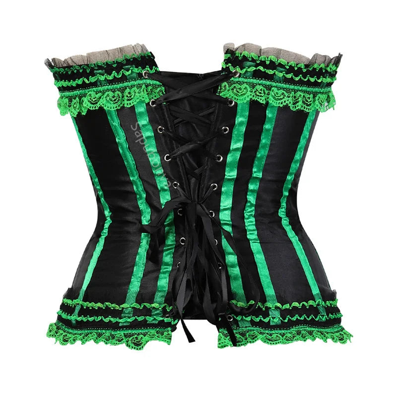 Sapubonva Lace up corsets bustiers top sexy satin overbust corset striped ladies satin halloween big size red black pink korsett
