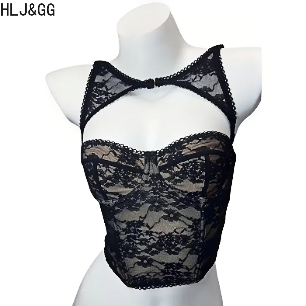 HLJ&GG Sexy Lace Splicing See Though Hollow Two Piece Sets Women Sleeveless Slim Crop Top+Ruffle Mini Skirts Outfits Streetwear