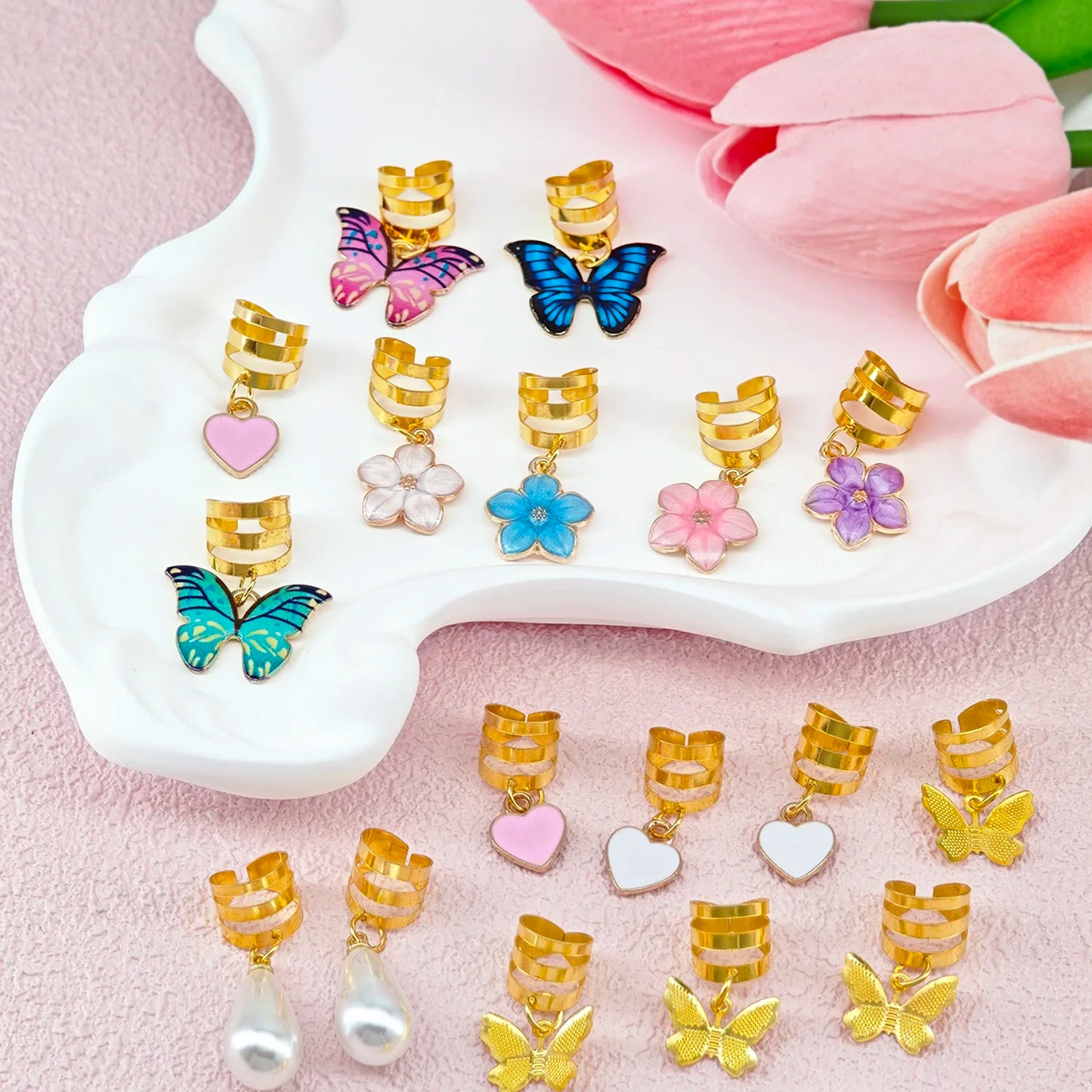 20Pcs Butterfly Braid Clips Crystal Dreadlock Hair Accessories Colorful Butterflies Pendant Charms Pearl Shiny Hair Jewelry