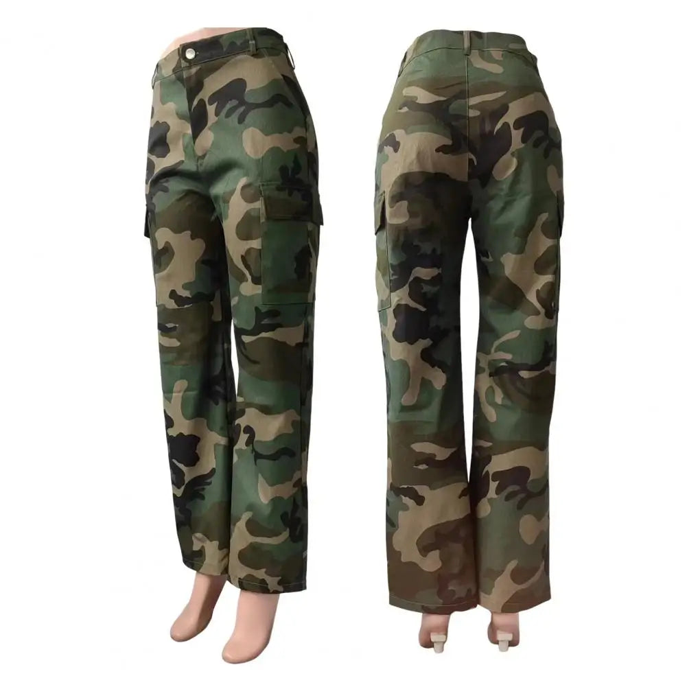 Women's Camo Print Cargo Pants High Waist Wide Leg Baggy Streetwear Casual Camouflage Military Trousers with Pockets