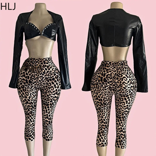 HLJ&GG Fashion Leather Long Sleeve Crop Jacket + Skinny Leopard Pants Two Piece Sets Y2K Cool Girl Outfits Women Sexy Streetwear