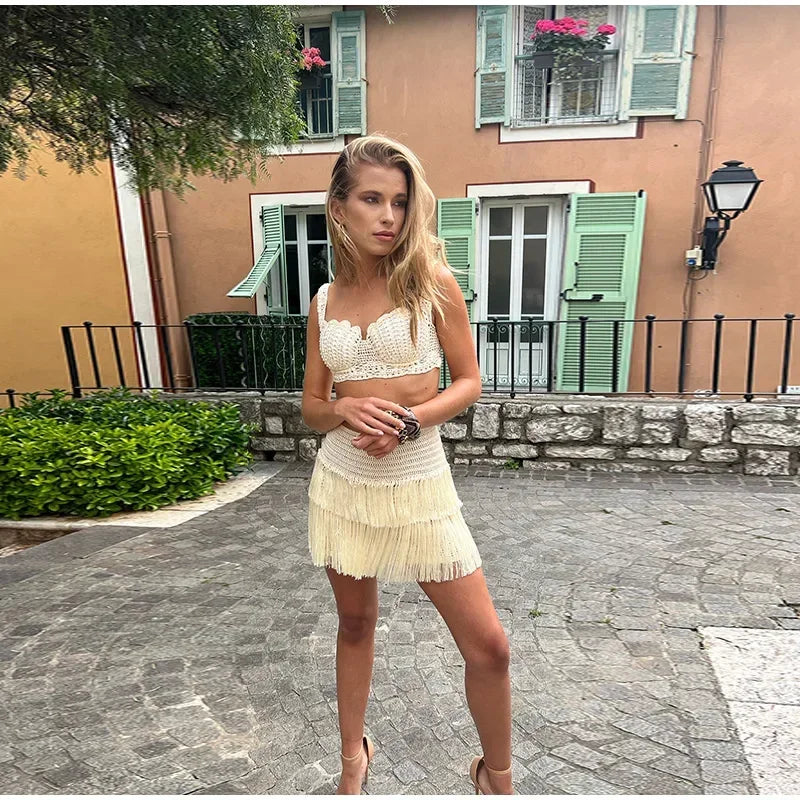 Sexy Knitted Tassels Top Mini Skirt Set Women Crop Bikini Vests Multi Layers Fringe Skirts 2025 Summer Beach Party Outfits Lady