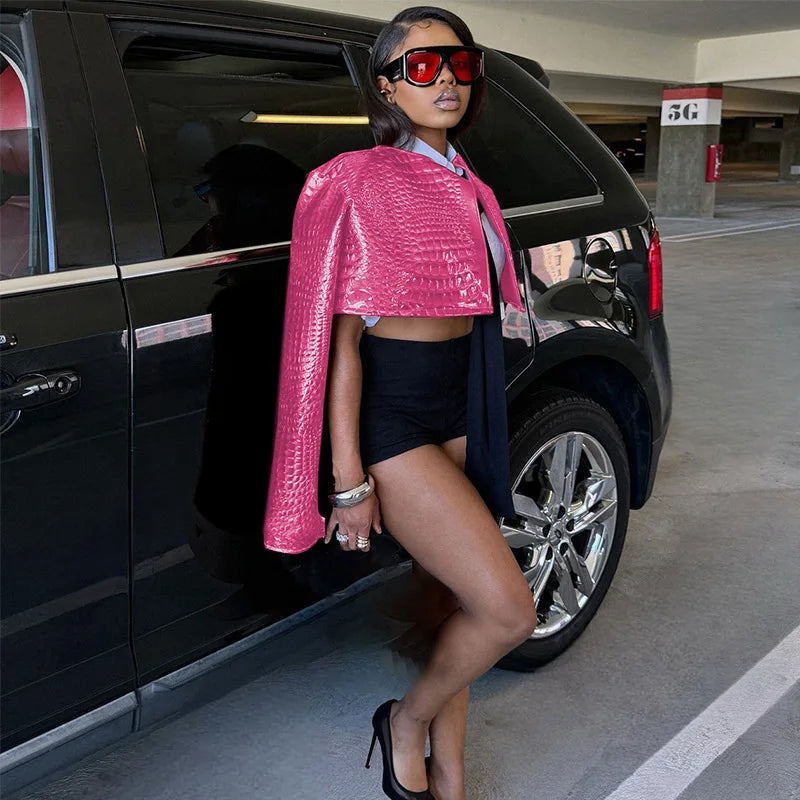 HLJ&GG Fashion Y2K Hot Girl Streetwear Women Leather Long Sleeve Crop Jacket+Bodysuits+Button Shorts 3 Piece Sets Outfits 2025