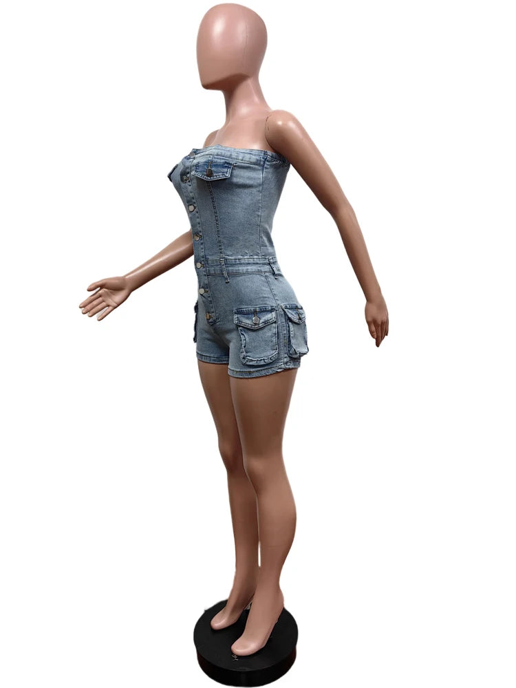 Kricesseen High Street Button Details jeans Jumpsuits Overalls For Women Strapless Pockets Jeans Playsuits Night Out Bodysuits
