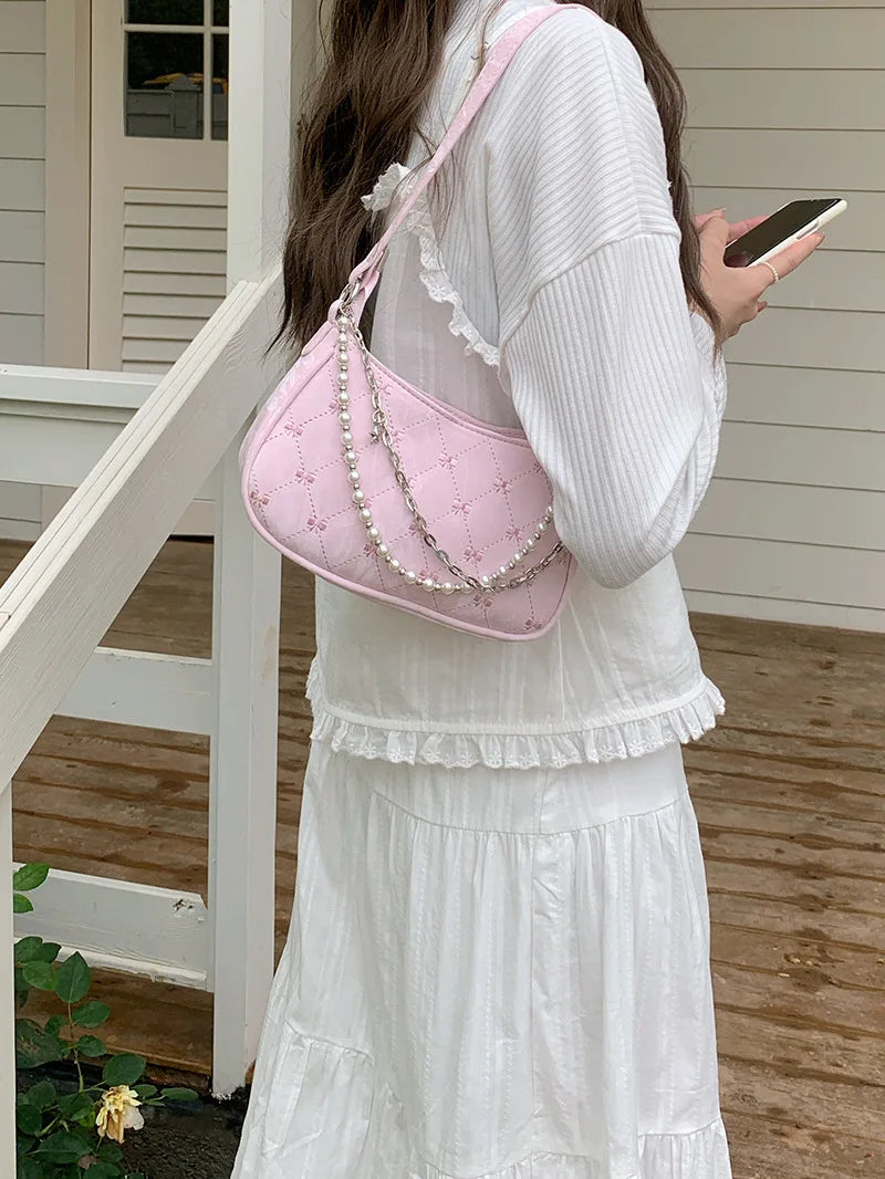 Pink Shoulder Bag Elegant Cute Bow Pearl Chains Bow Embroidery Handbag Casual Leather Korean Fashion Female Handbag